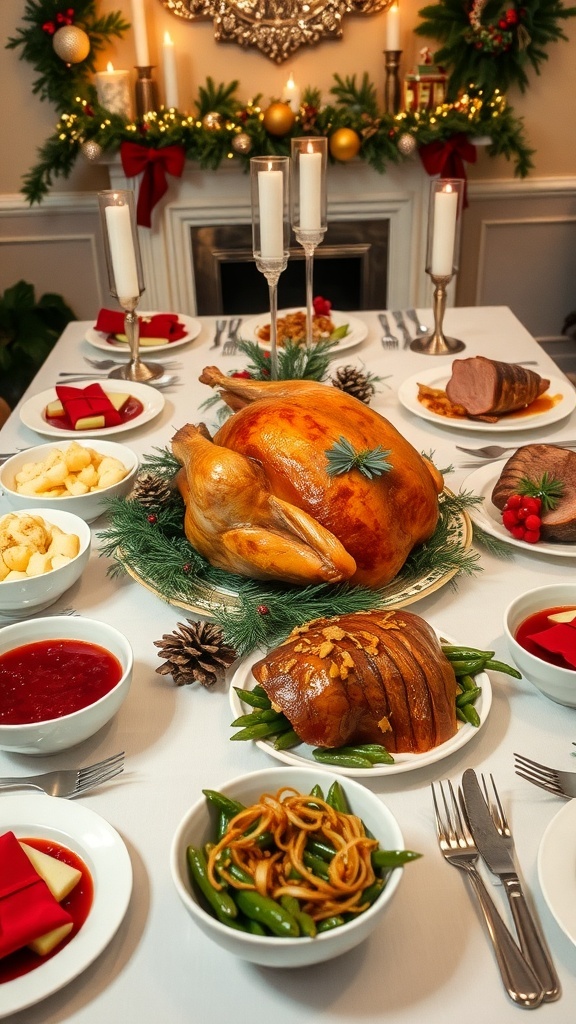 A festive Christmas dinner table with roast turkey, glazed ham, mashed potatoes, green bean casserole, and cranberry sauce.